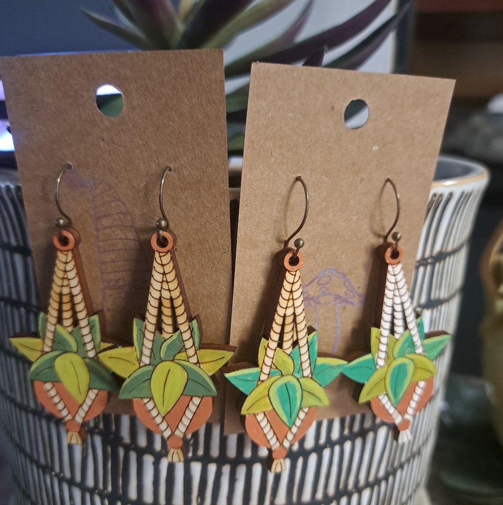 Hand painted wooden plant earrings